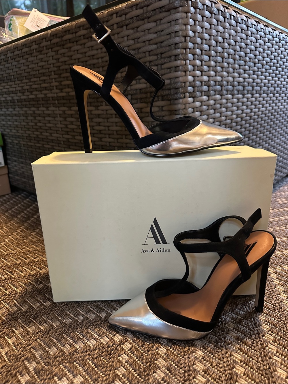 Ava & Aiden Black and Silver Pointed Toe Stiletto Heels